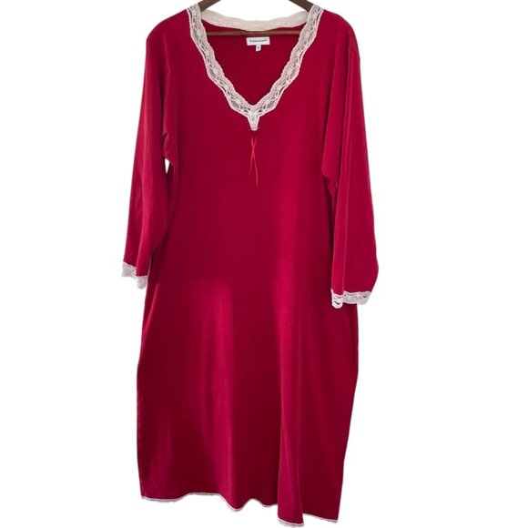 Cuddledown Long Sleeve Nightgown Size XL Red Cotton Lace Trim - Picture 2 of 7